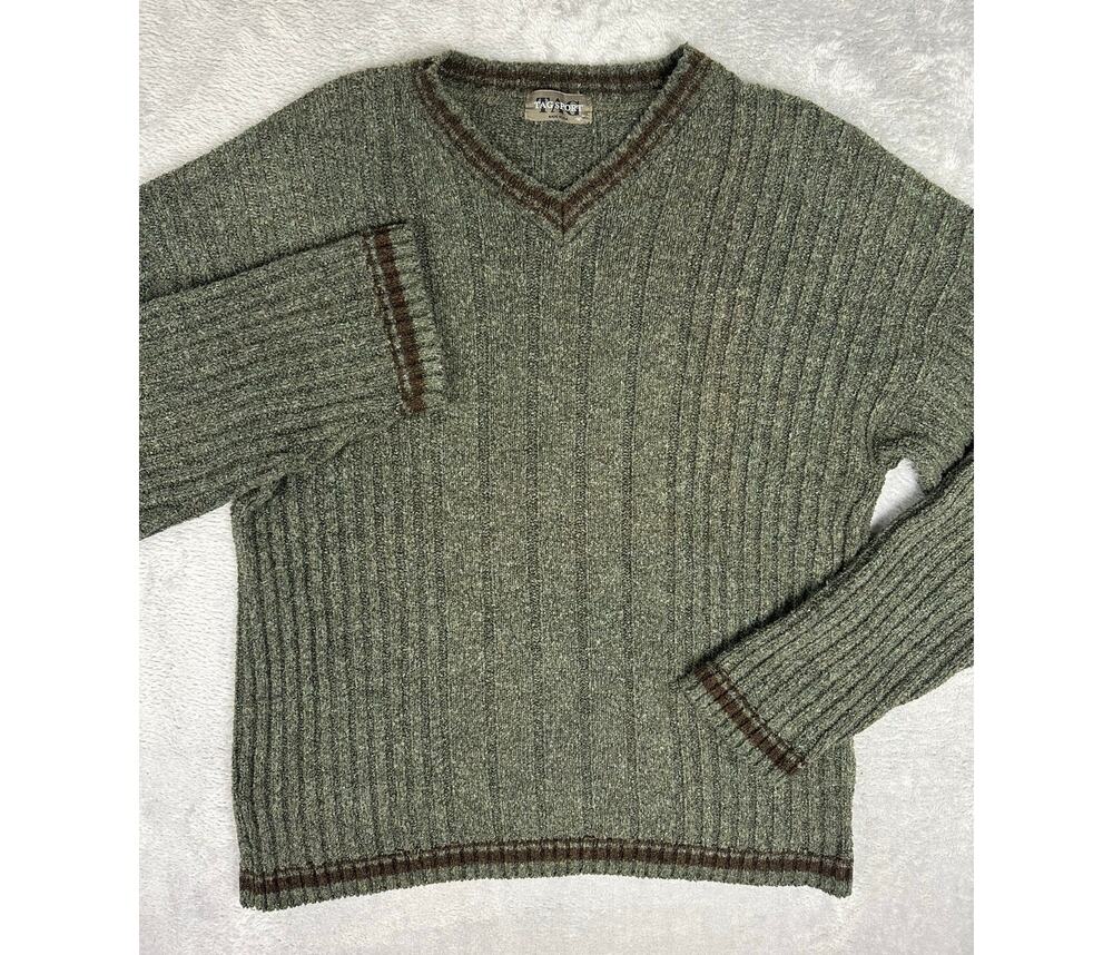 VTG 90s Tag Sport Green V-Neck Boucle Knit Pullover Sweater Mens M Stripe USA